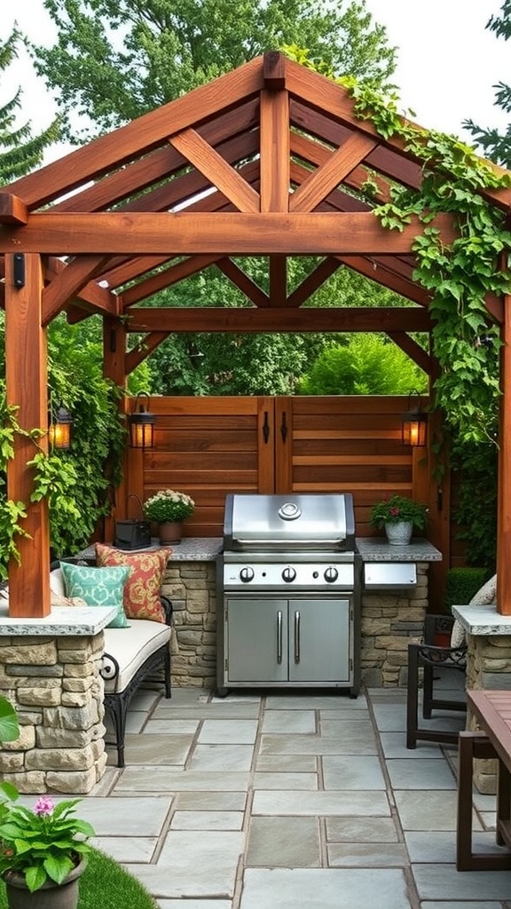 A cozy outdoor grill area with a wooden pergola, stone patio, and comfortable seating perfect for gatherings.